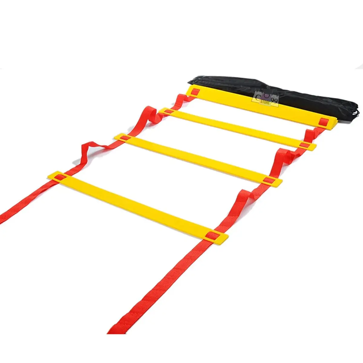 Escalera de agilidad deportiva amarilla con cintas rojas para entrenamiento de coordinación, enrollada en bolsa negra.