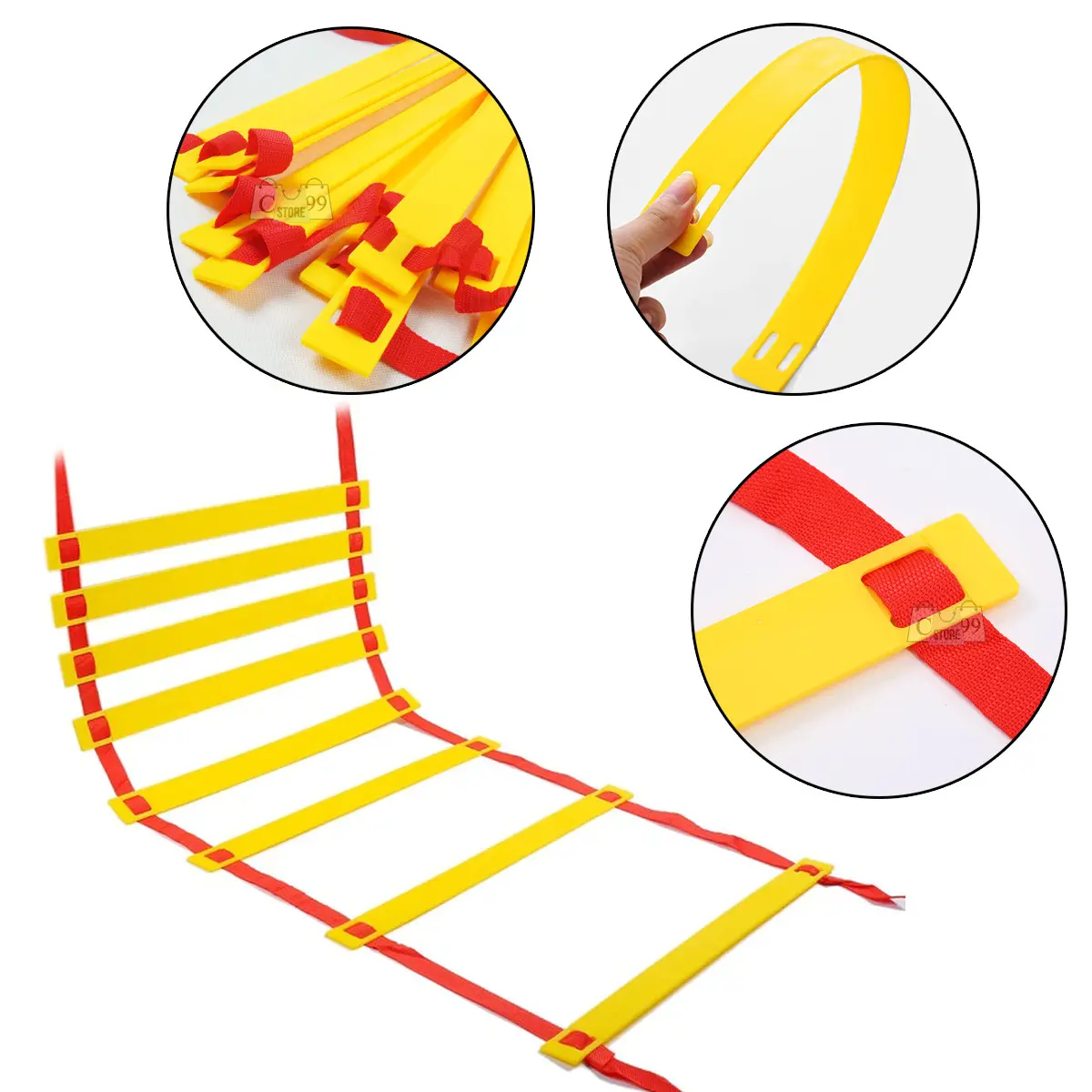 Escalera de agilidad deportiva amarilla y roja para entrenamiento de coordinación y velocidad.