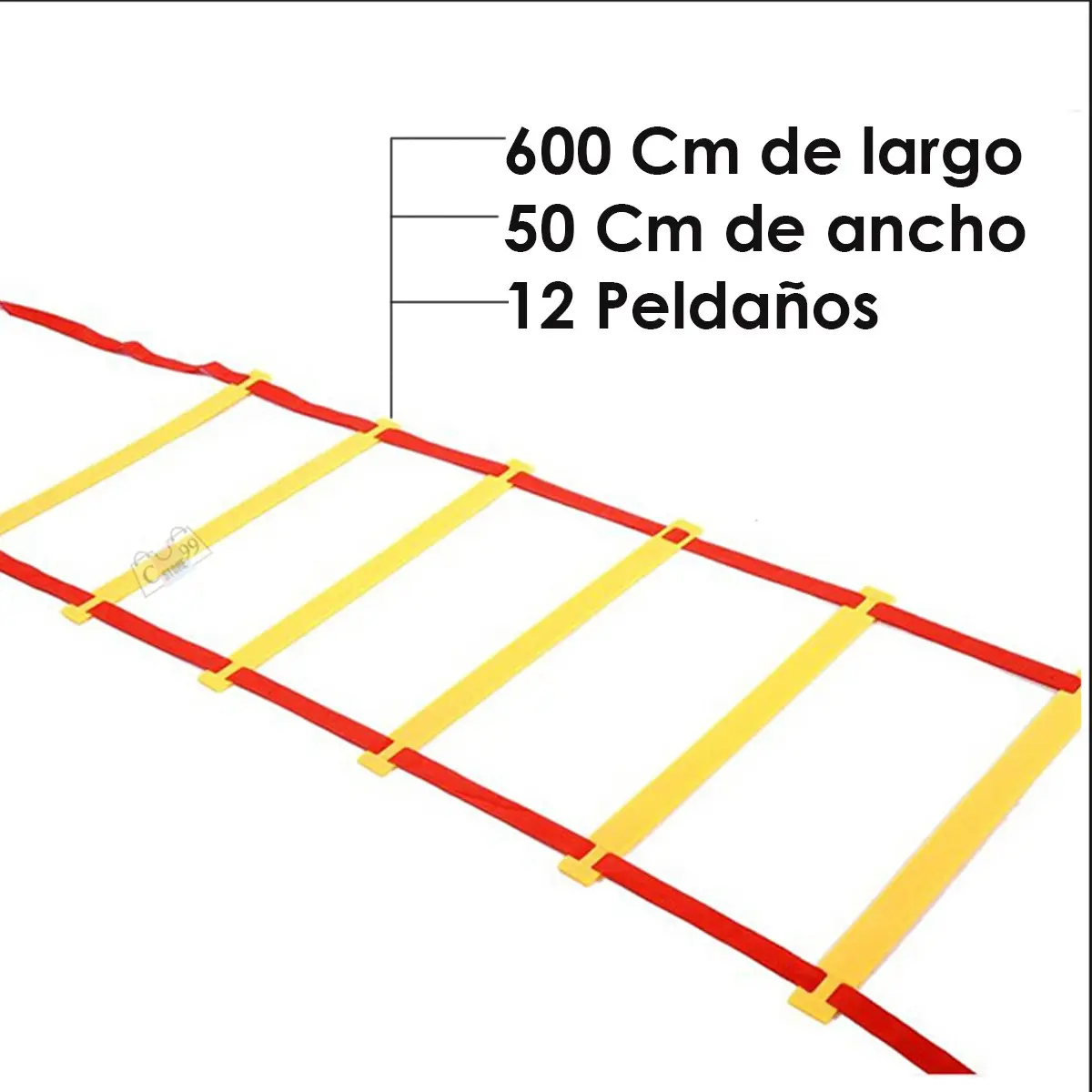 Escalera de agilidad 600x50 cm, 12 peldaños, roja y amarilla, para entrenamiento deportivo.