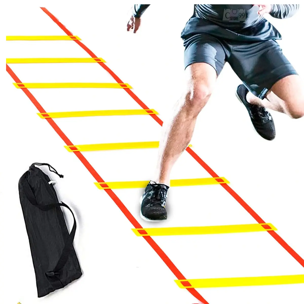 Escalera de agilidad deportiva roja y amarilla en uso, con bolsa de transporte negra.