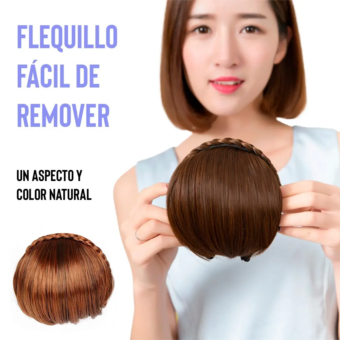 Flequillo sintético castaño con trenza, fácil de remover, aspecto natural.
