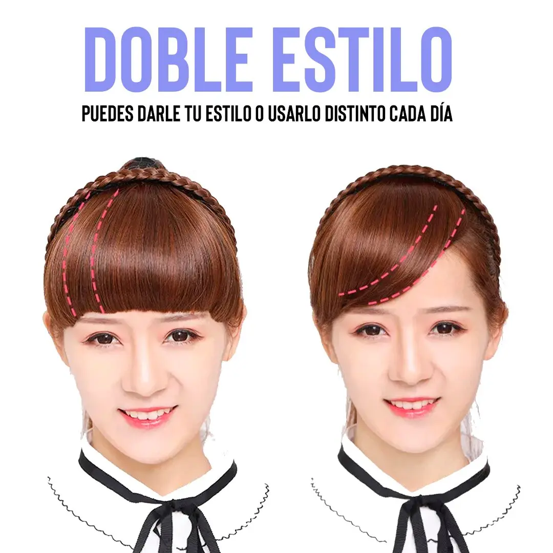 Flequillo sintético castaño con trenza, muestra dos estilos de uso: recto y lateral.