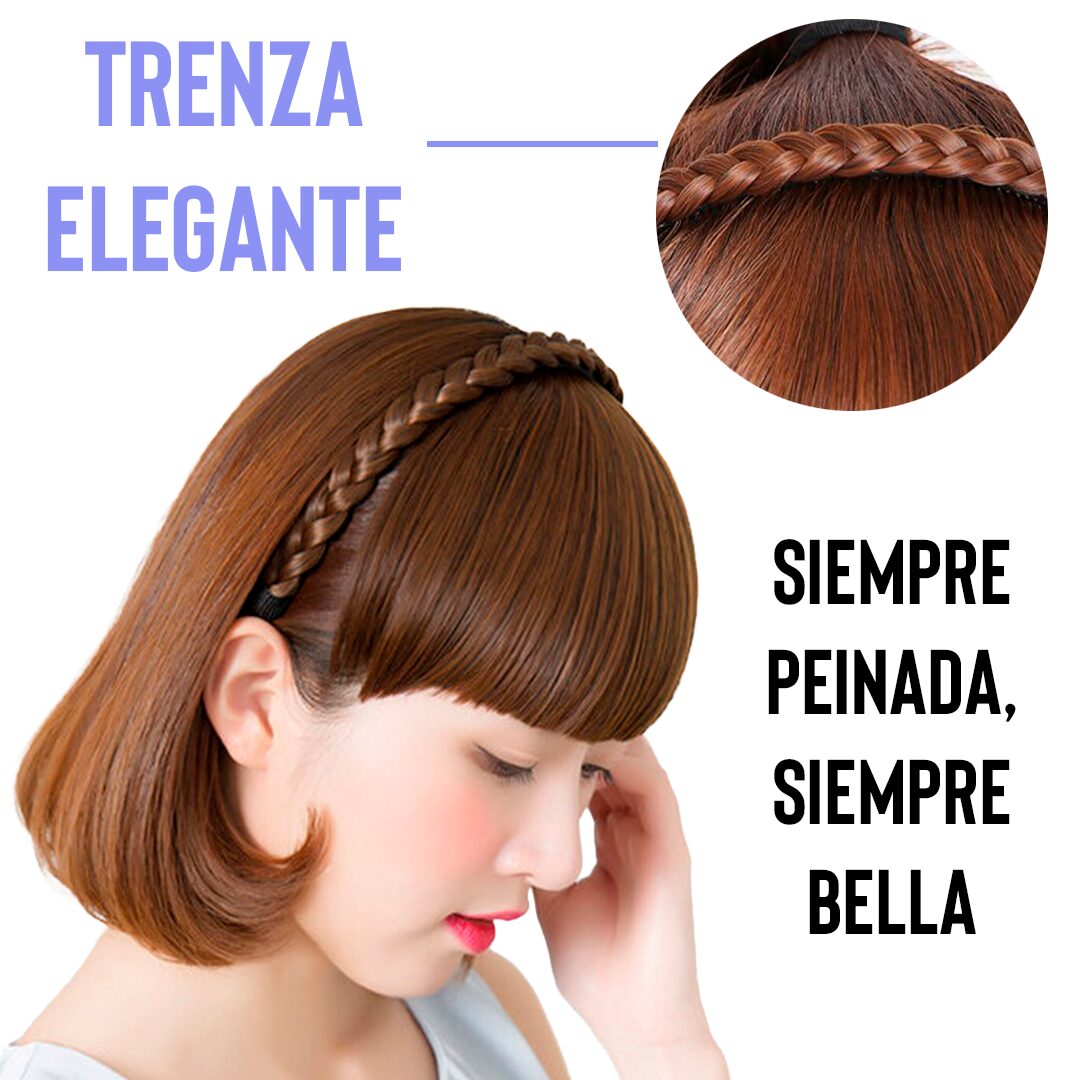 Flequillo sintético castaño con trenza, ideal para un look elegante y siempre peinada.