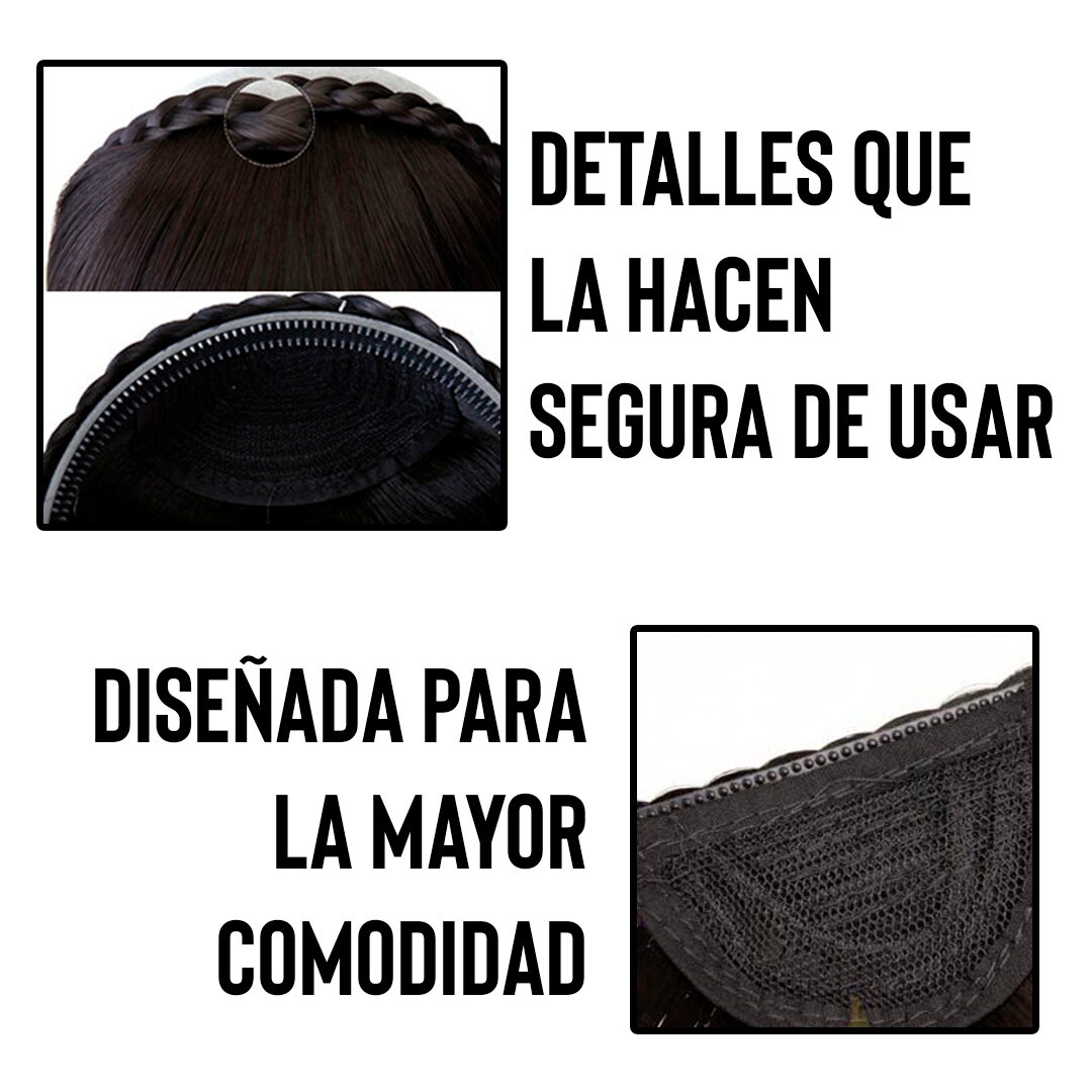 Flequillo sintético castaño con trenza lateral y ajuste seguro, diseñado para máxima comodidad.