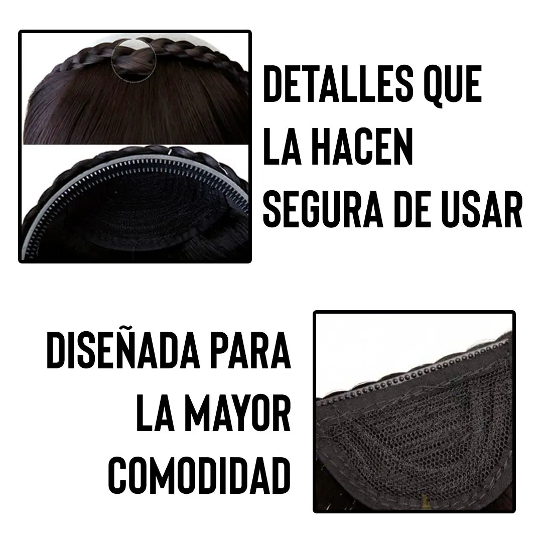 Flequillo sintético castaño con trenza lateral y ajuste seguro, diseñado para máxima comodidad.