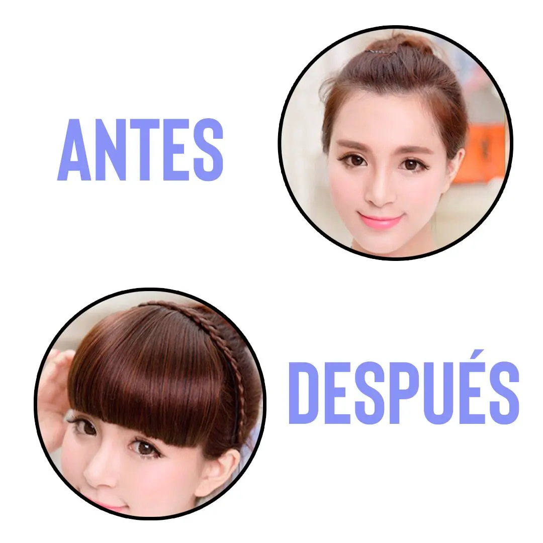 Flequillo sintético castaño con trenza lateral, antes y después.