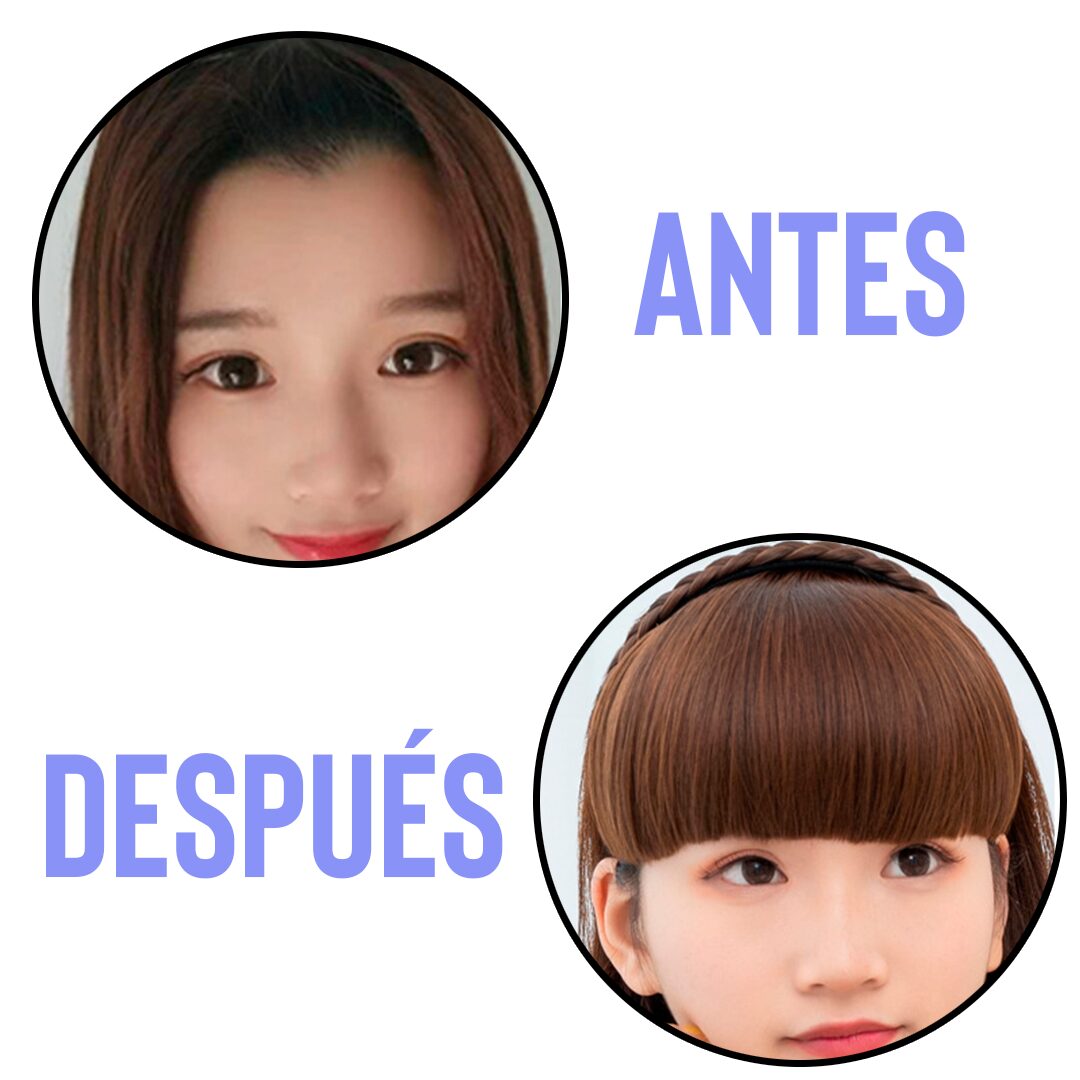 Flequillo sintético castaño para mujer, antes y después, mostrando un cambio de peinado instantáneo.
