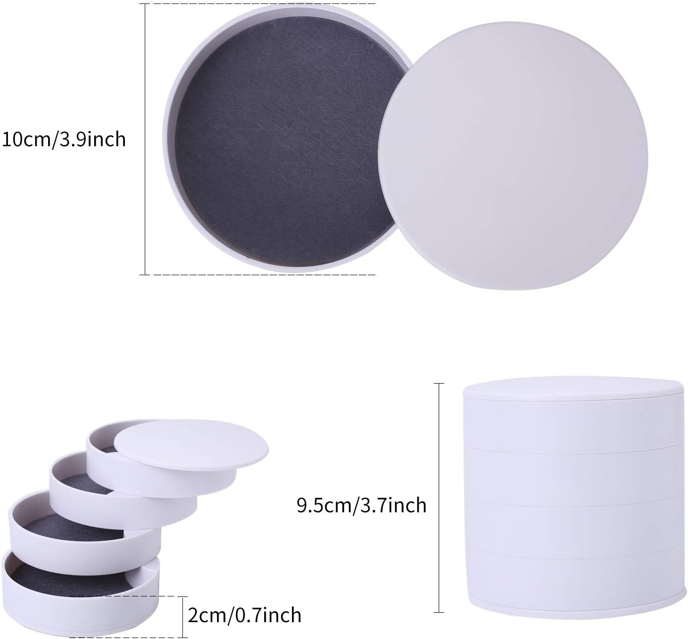 Mini organizador de joyas portátil blanco con 4 niveles giratorios, 10cm de diámetro y 9.5cm de alto.
