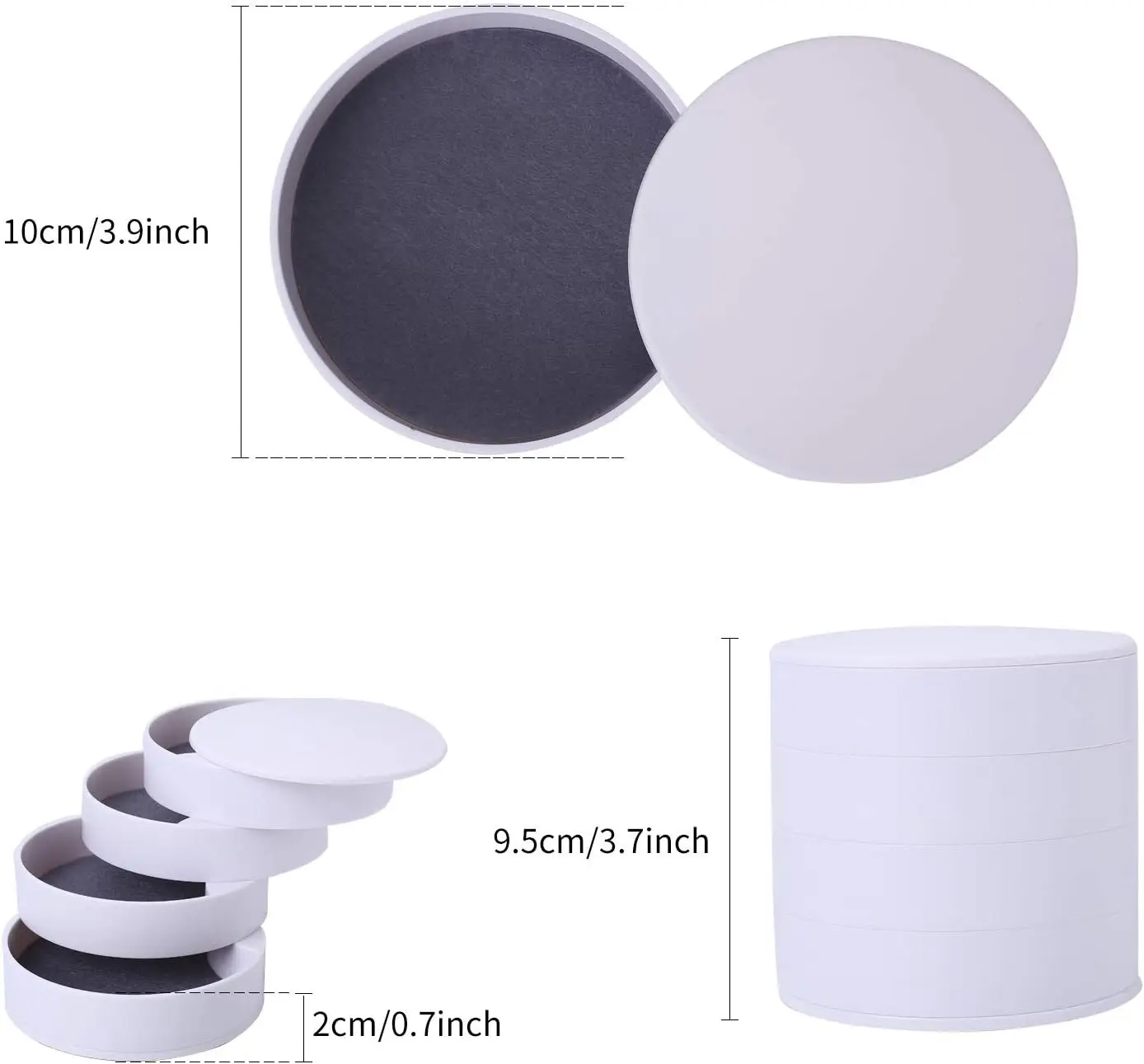Mini organizador de joyas portátil blanco con 4 niveles giratorios, 10cm de diámetro y 9.5cm de alto.
