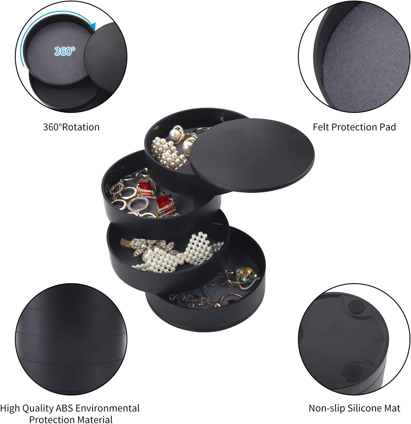Mini organizador giratorio negro de 4 niveles para joyas, con almohadilla protectora de fieltro y base antideslizante.
