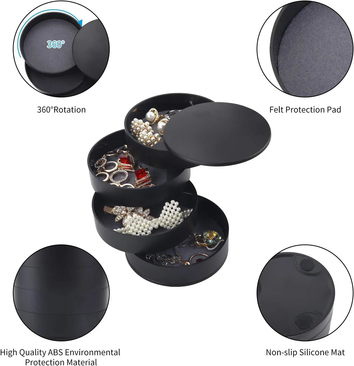 Mini organizador giratorio negro de 4 niveles para joyas, con almohadilla protectora de fieltro y base antideslizante.