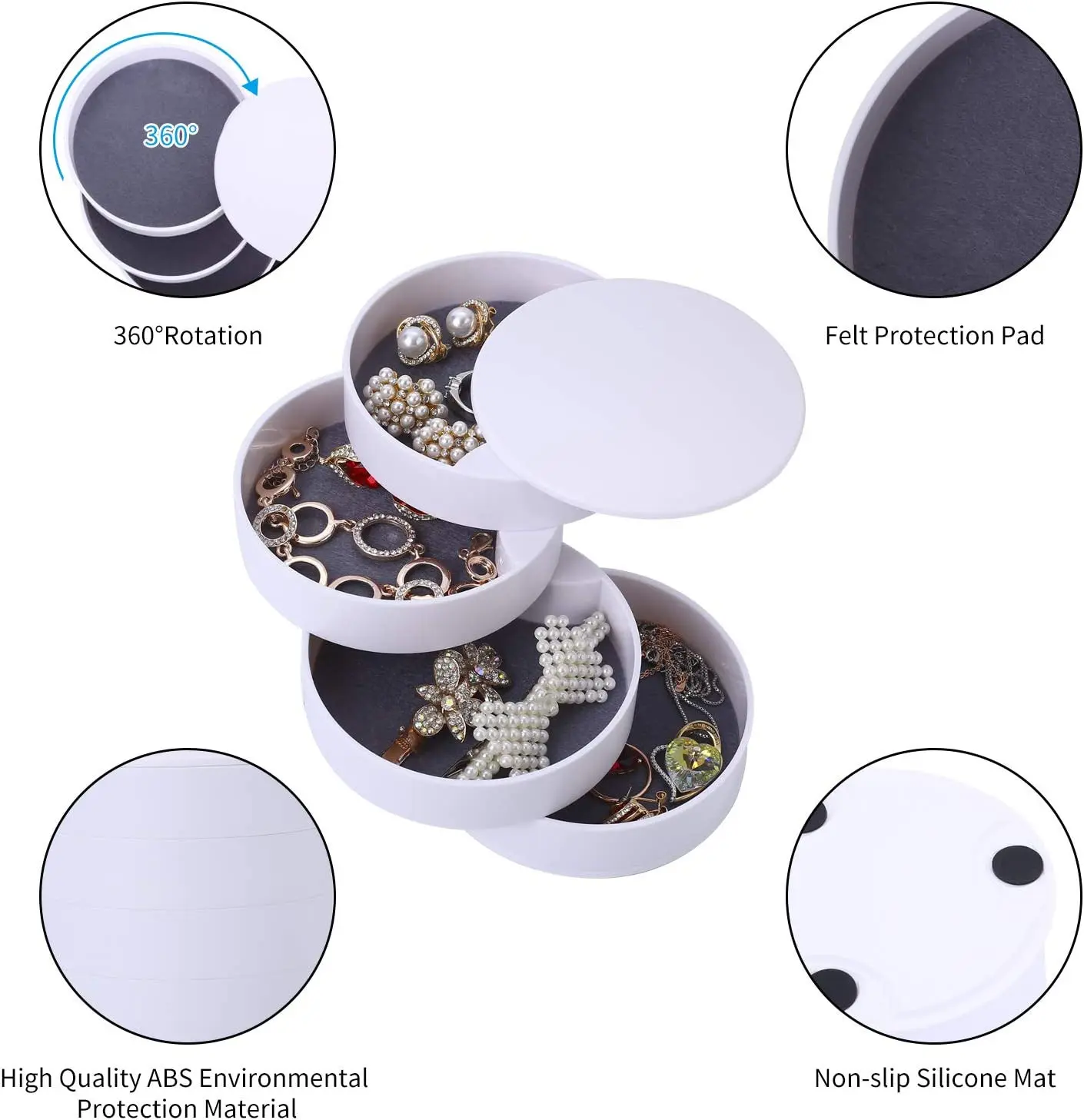 Mini organizador de joyas blanco giratorio 360° con 4 niveles y protector de fieltro.
