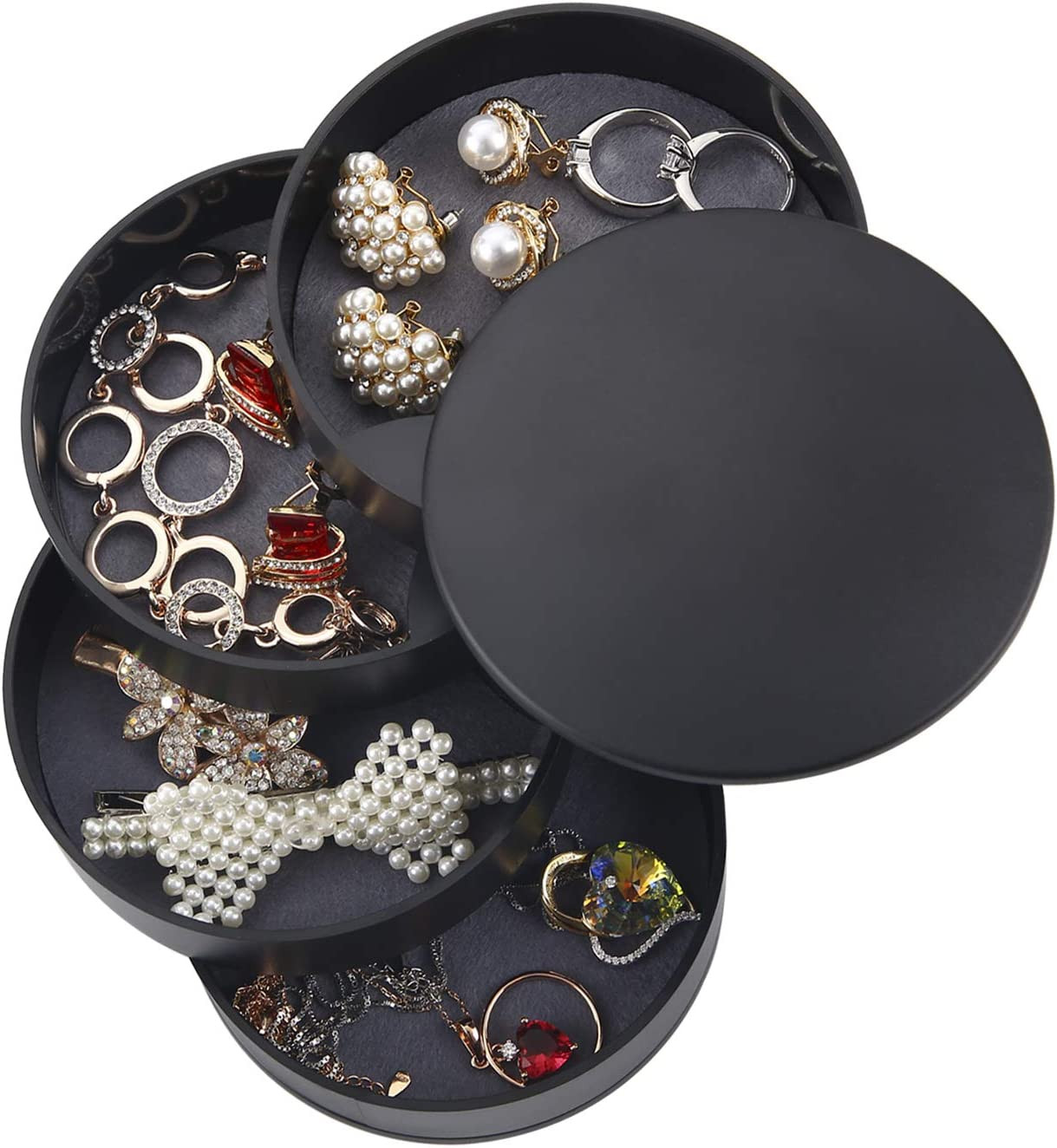 Mini organizador de joyas portátil, 4 niveles, negro, con aretes, pulseras, anillos y collares.