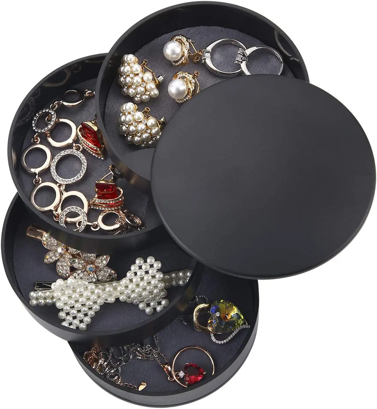 Mini organizador de joyas portátil, 4 niveles, negro, con aretes, pulseras, anillos y collares.