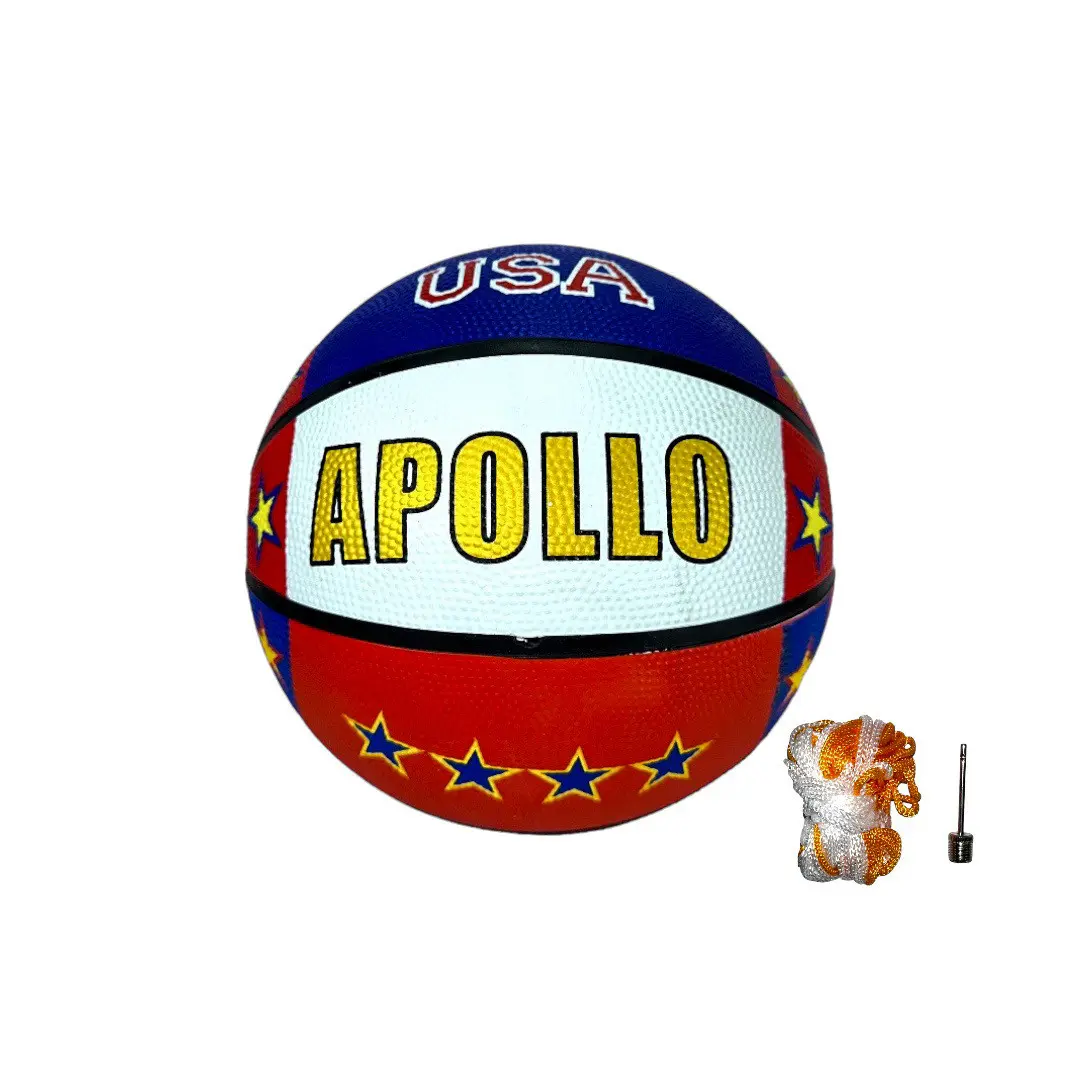 Balón de baloncesto Apollo USA, rojo, blanco y azul con estrellas, incluye inflador y cuerda.