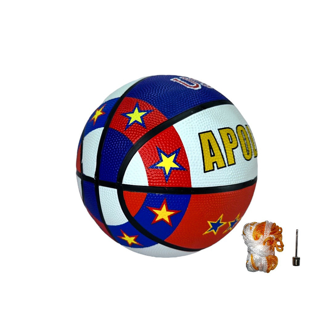 Balón de baloncesto Apollo en caucho con diseño de estrellas y colores vibrantes: azul, rojo y blanco. Incluye cuerda y aguja.