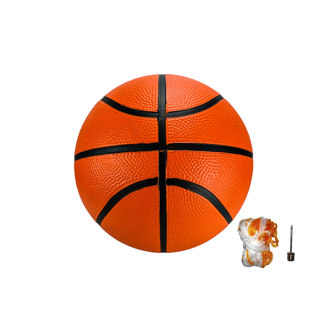 Balón de baloncesto Apollo en caucho naranja texturizado con cordones y aguja para inflar.