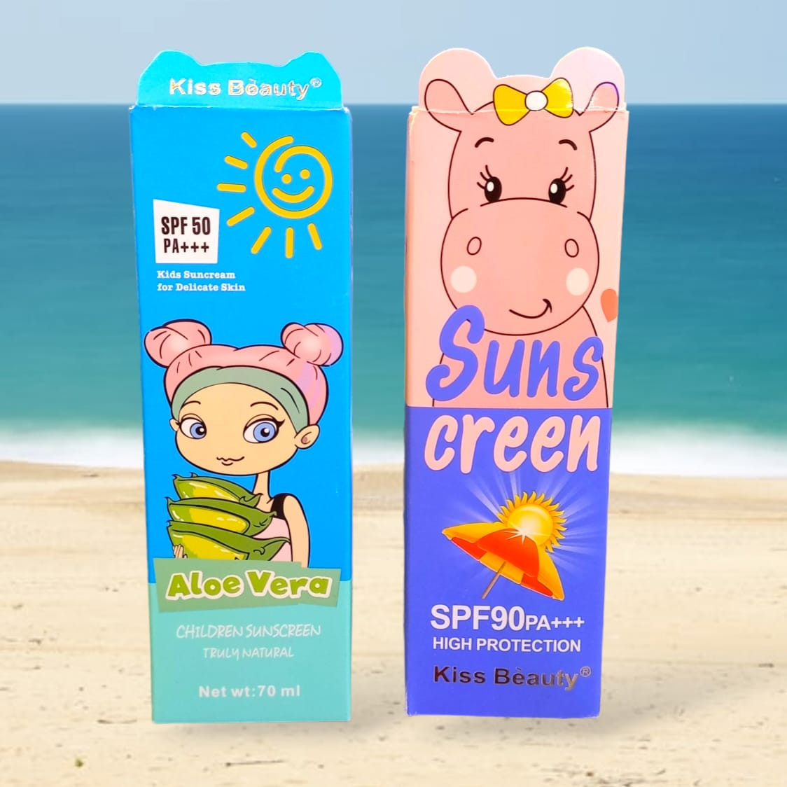 Protectores solares Kiss Beauty con SPF 50 Aloe Vera y SPF 90 para niños, en cajas coloridas con dibujos.