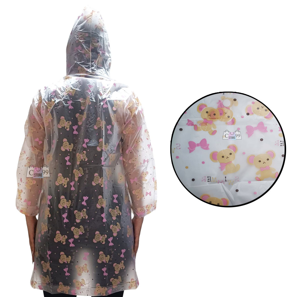 Carpa de lluvia transparente para niños con diseño de ositos y moños rosas.