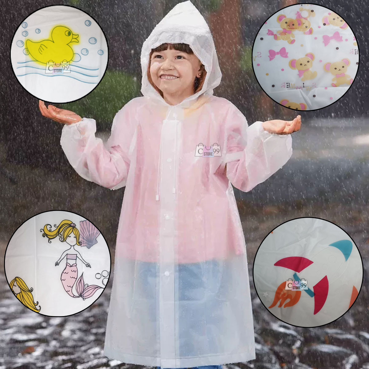 Niña con impermeable transparente y rosado bajo lluvia, con círculos de diseño de pato, osos, sirenas y cohete.