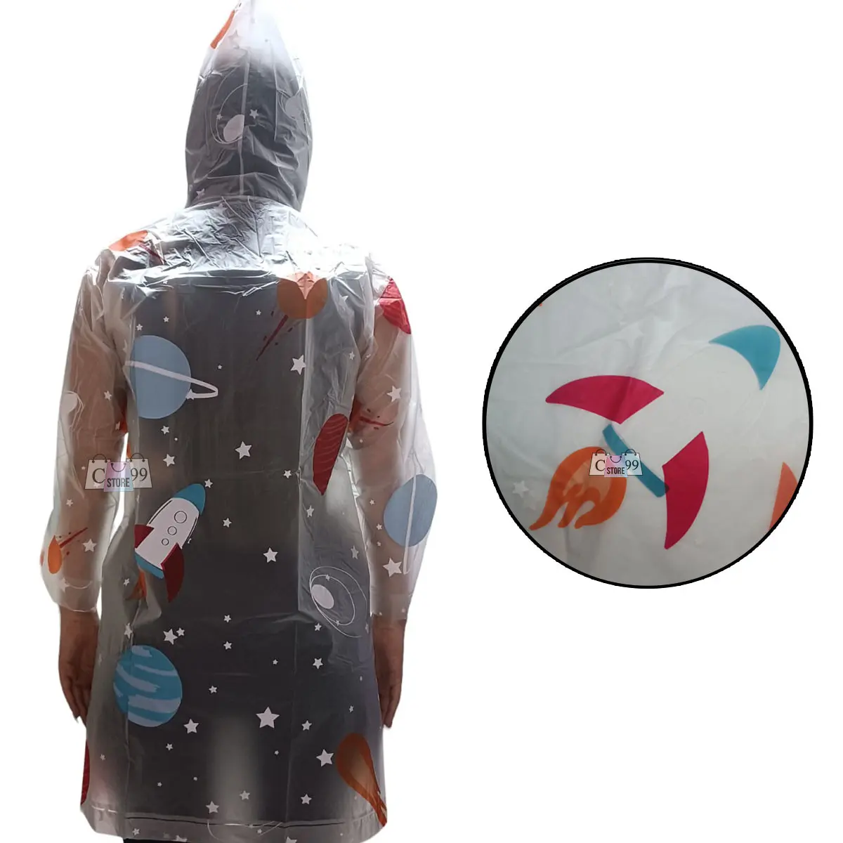Caparruvia transparente para niños con diseño de cohetes y planetas, vista posterior.