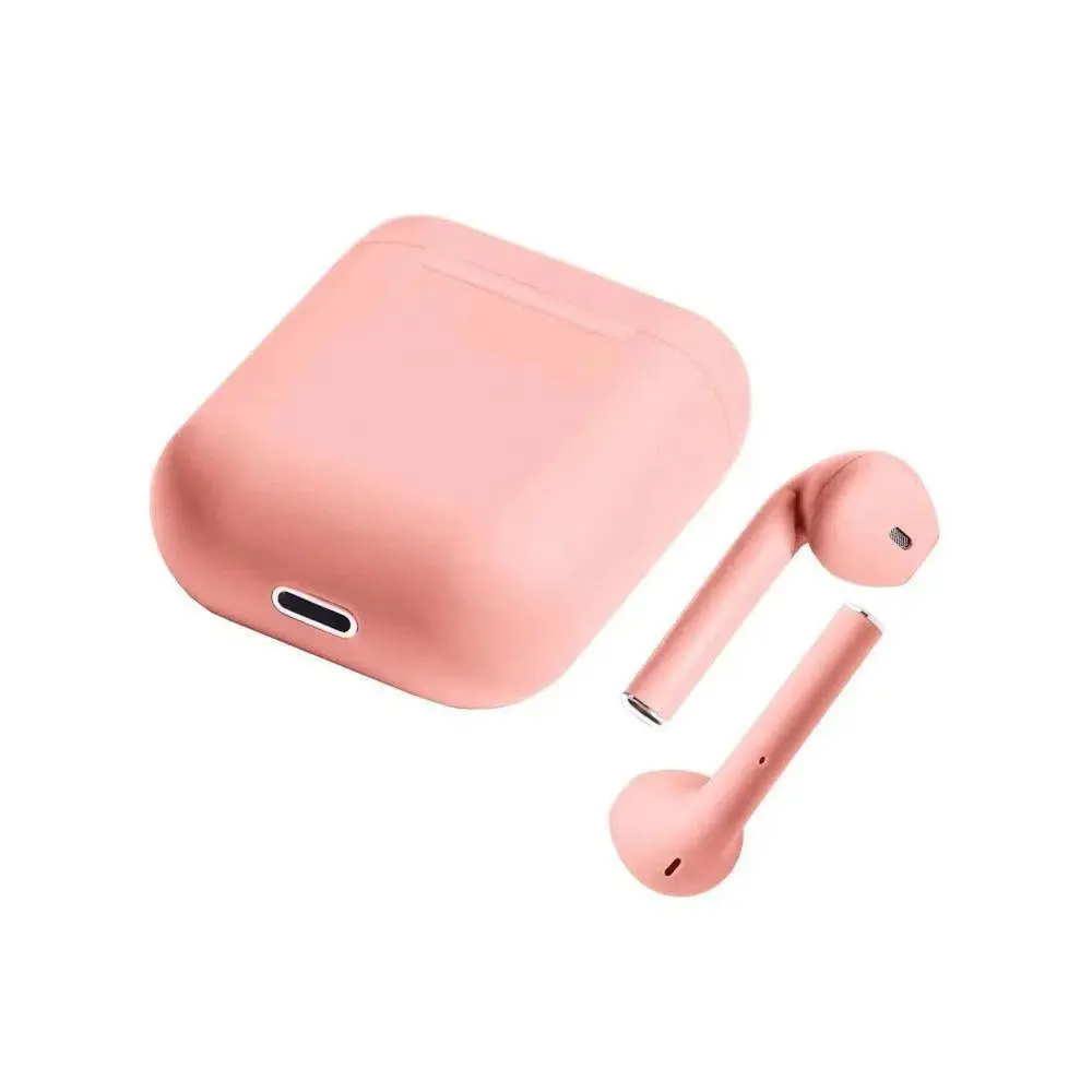 Estuche rosa mate y audífonos inalámbricos I12 Bluetooth sin cables, con puerto de carga.