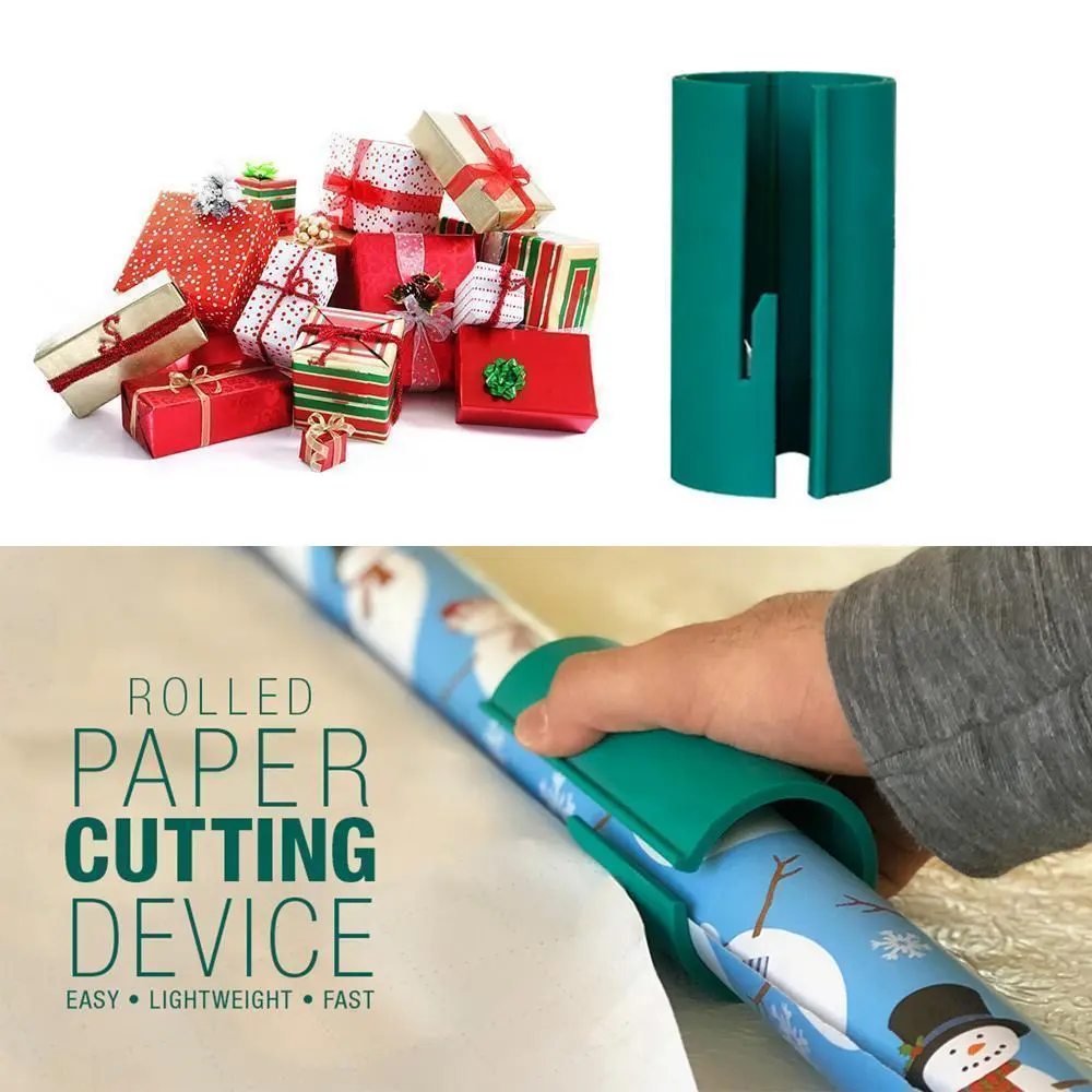 Cortador de papel regalo verde para envolver obsequios fácil y rápido, con rodillo de papel decorado.