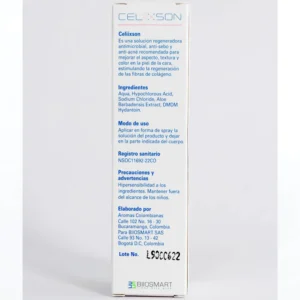 Spray Celiixson para rostro, con información de ingredientes, modo de uso y lote L9000622.