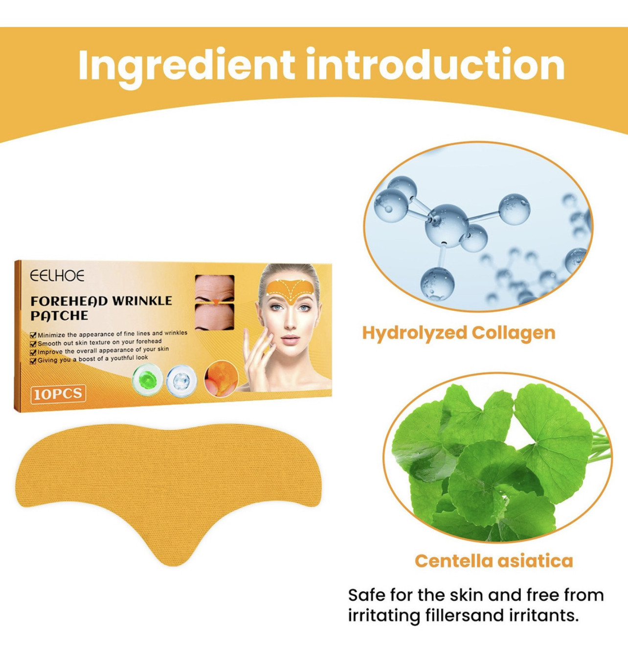 Parche facial EELHOE para arrugas de frente, color naranja, suaviza y rejuvenece piel. 10 unidades.