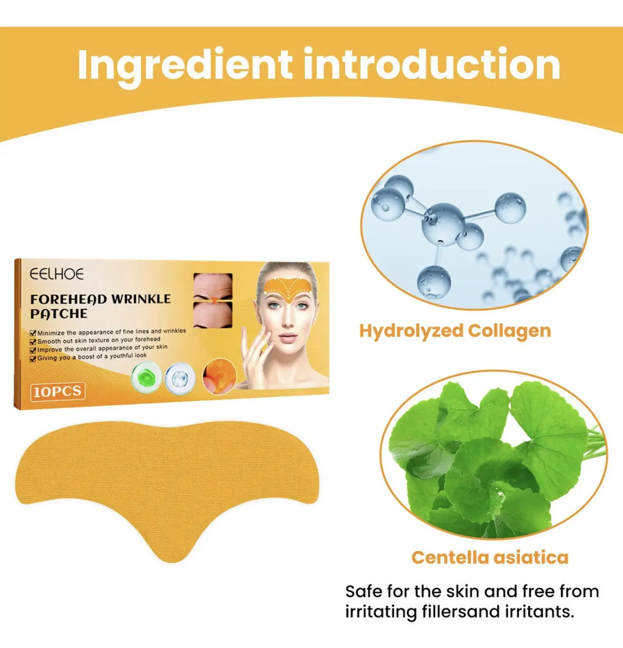 Parche facial EELHOE para arrugas de frente, color naranja, suaviza y rejuvenece piel. 10 unidades.