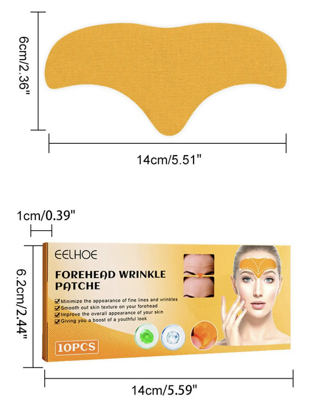Parche facial dorado para arrugas de frente, 6.2cm x 14cm, suaviza la piel, pack de 10 unidades.