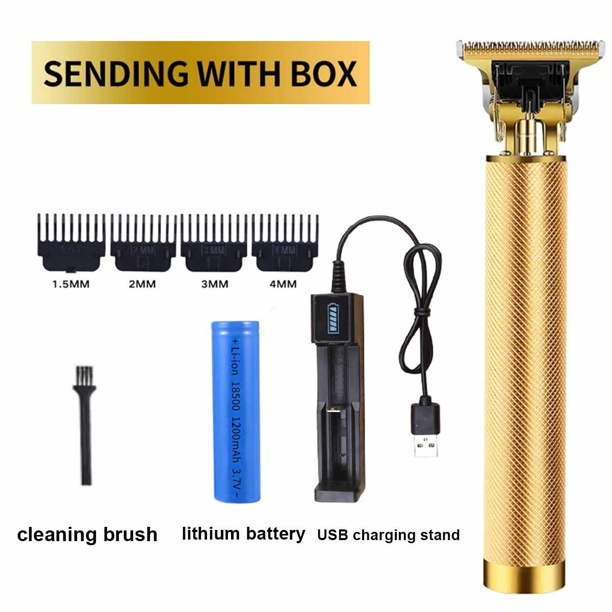 Barbera-Patillera Inalámbrica Fl dorada con accesorios: peines (1.5, 2, 3, 4 mm), cepillo, batería y cargador USB.