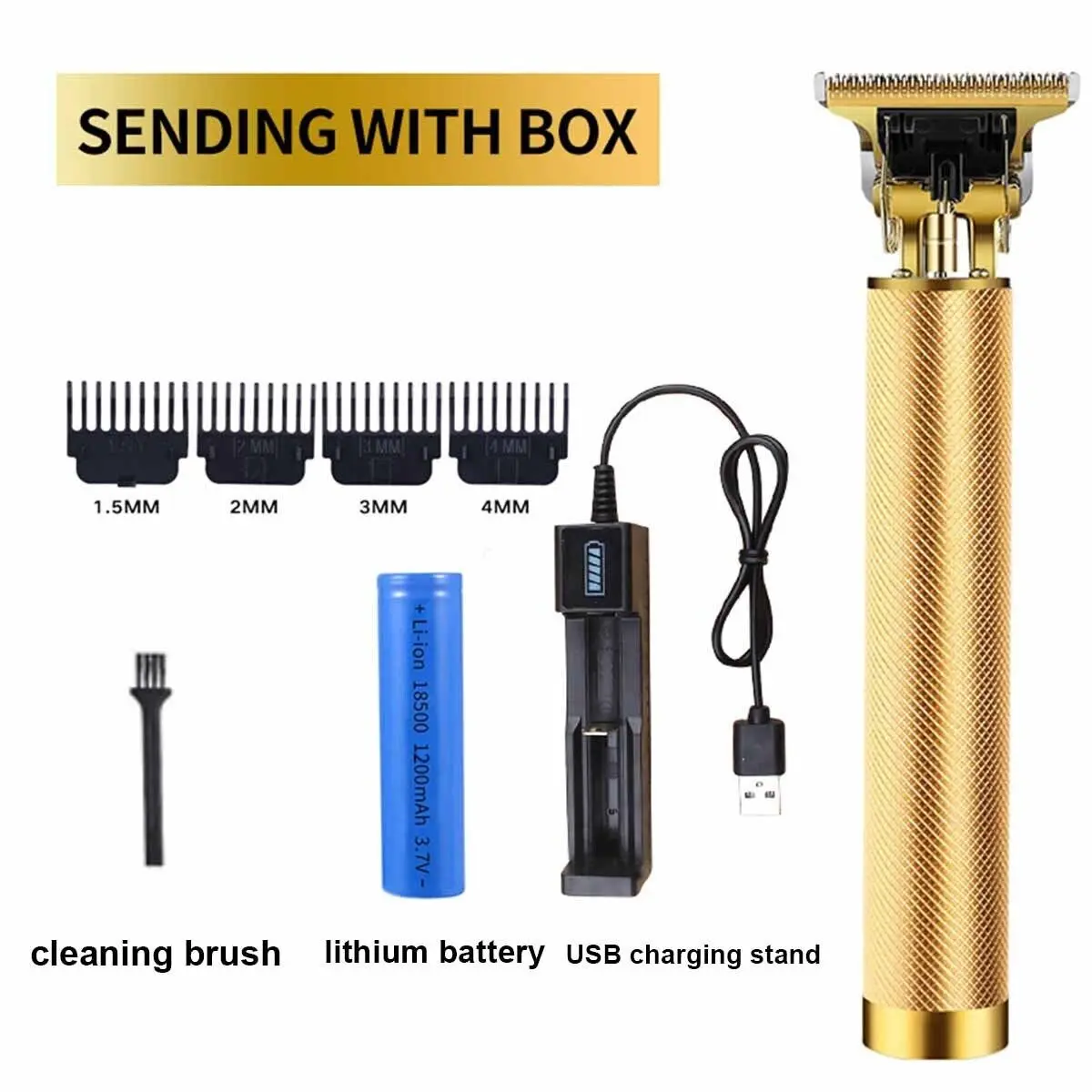 Barbera-Patillera Inalámbrica Fl dorada con accesorios: peines (1.5, 2, 3, 4 mm), cepillo, batería y cargador USB.