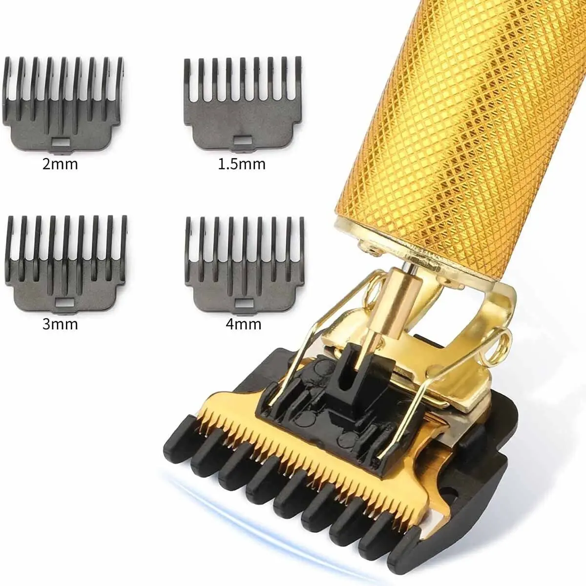 Patillera inalámbrica dorada con 4 peines guía de 2mm, 1.5mm, 3mm y 4mm.