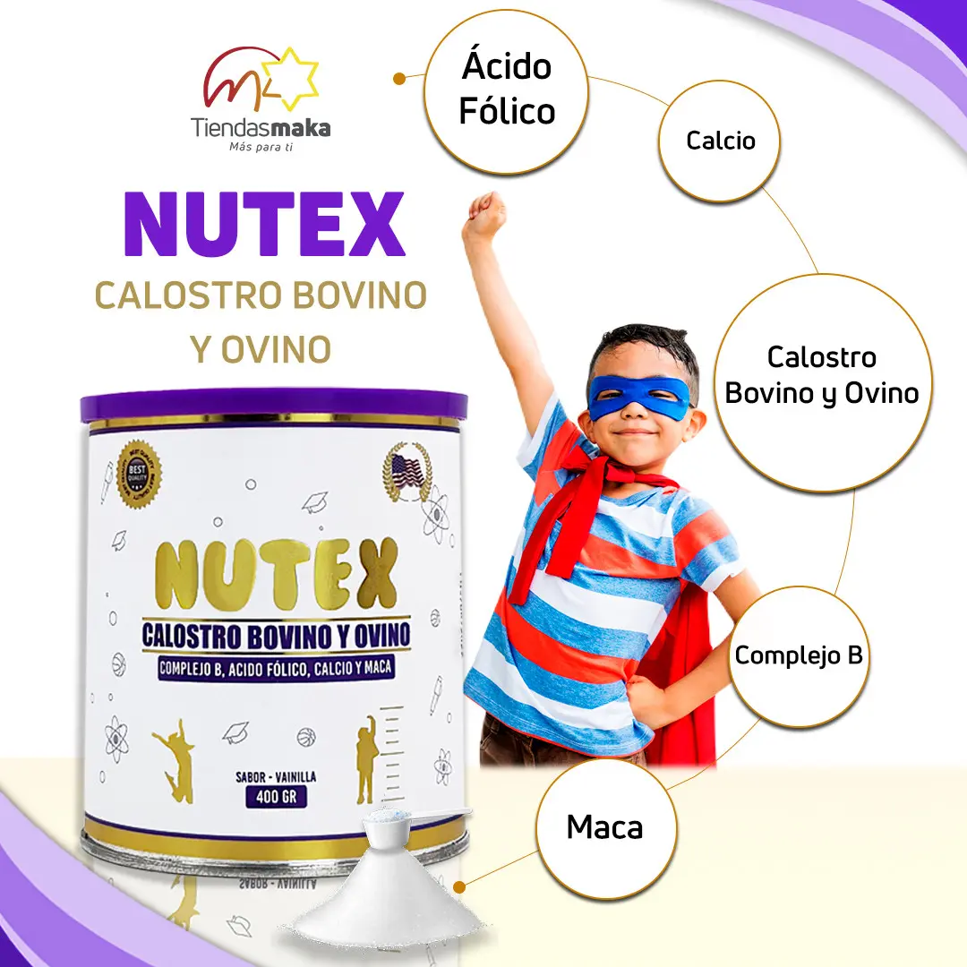 Proteína Nutex Calostro Bovino y Ovino 400gr sabor vainilla, con niño superhéroe.