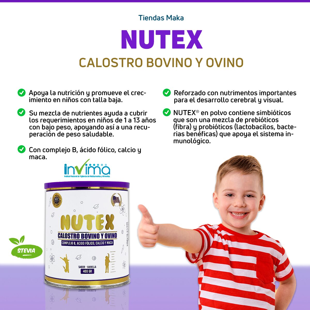 Nutex Calostro Bovino y Ovino, polvo sabor vainilla 400gr, con niño sonriente dando pulgar arriba.