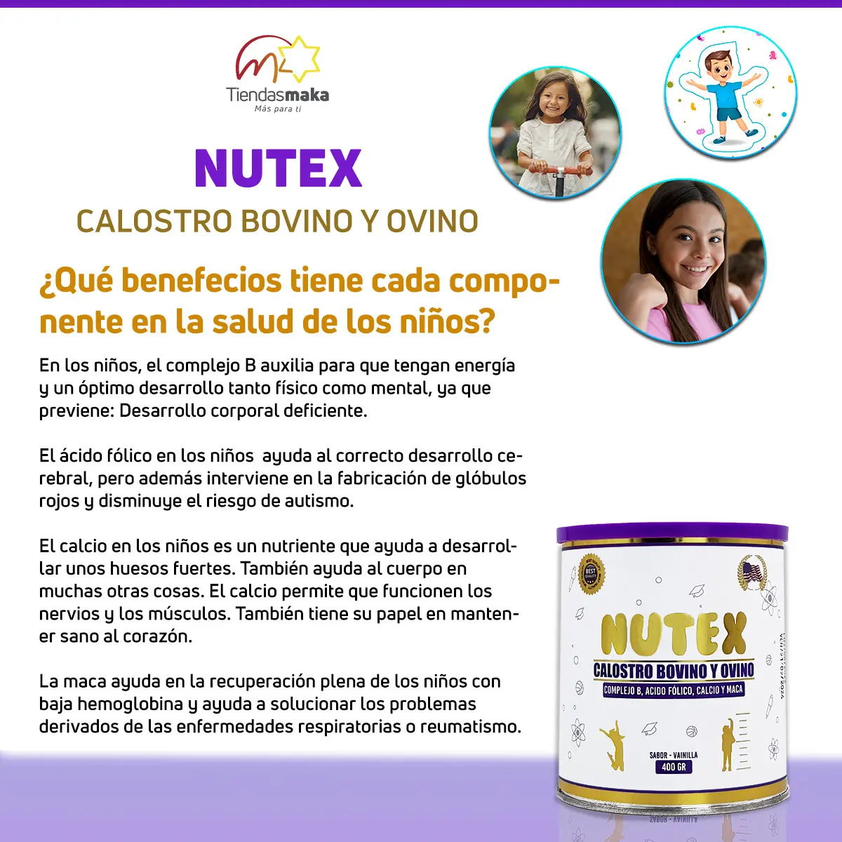 Proteína Nutex Calostro Bovino Ovino para niños sabor vainilla 400gr. Ayuda al desarrollo físico y mental.
