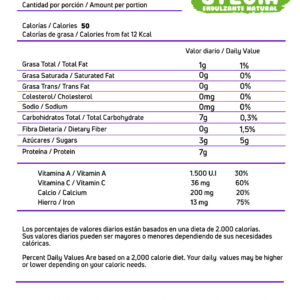 Información nutricional de Proteína para Niños Nutex, con porción de 34g y 12 porciones por envase.