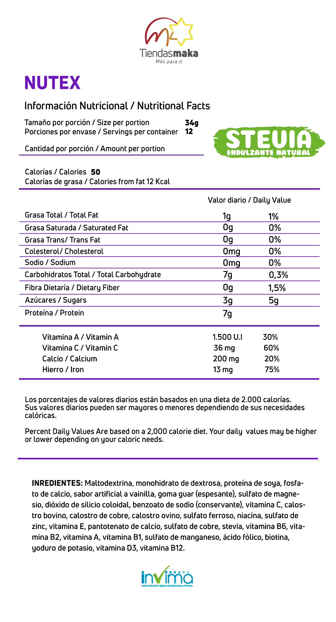 Información nutricional de Proteína para Niños Nutex, con porción de 34g y 12 porciones por envase.