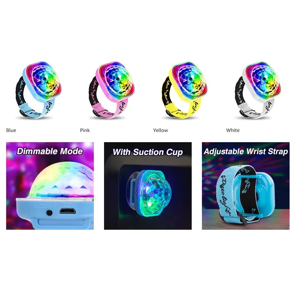 Pulsera de luz LED para niños, con diseño de discoteca, disponible en azul, rosa, amarillo y blanco.