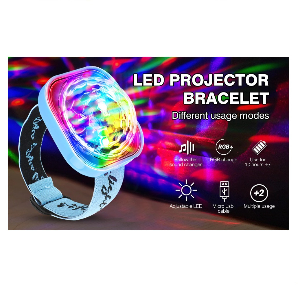 Pulsera de luz LED para niños, con proyector, cambiante de color RGB, 10 horas de uso, recargable por USB.