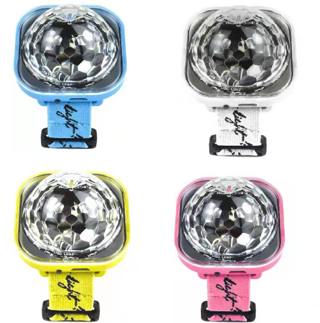 Cuatro pulseras de luz LED nocturna para niños en azul, blanco, amarillo y rosa con bola disco.