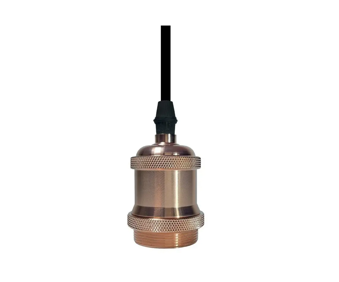 Portalámpara colgante de cobre vintage con cable negro y rosca para bombilla Edison.
