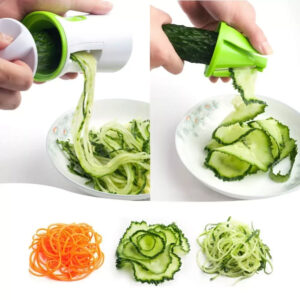 Cortador espiral de pepino y zanahoria creando fideos y rodajas decorativas.
