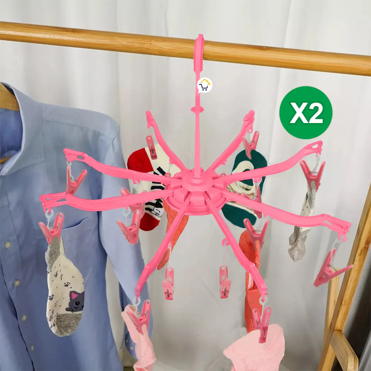 Gancho araña rosa plegable con 16 pinzas para secar calcetines y ropa interior. Pack x2.