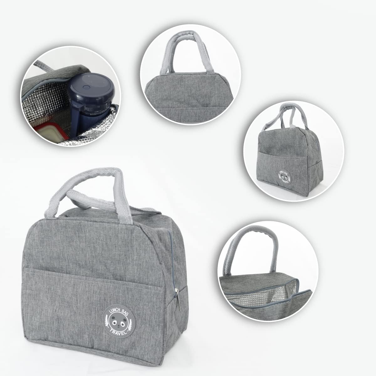 Maleta lonchera térmica gris con asas, bolsillo frontal y detalles de panda. Ideal para viajes.