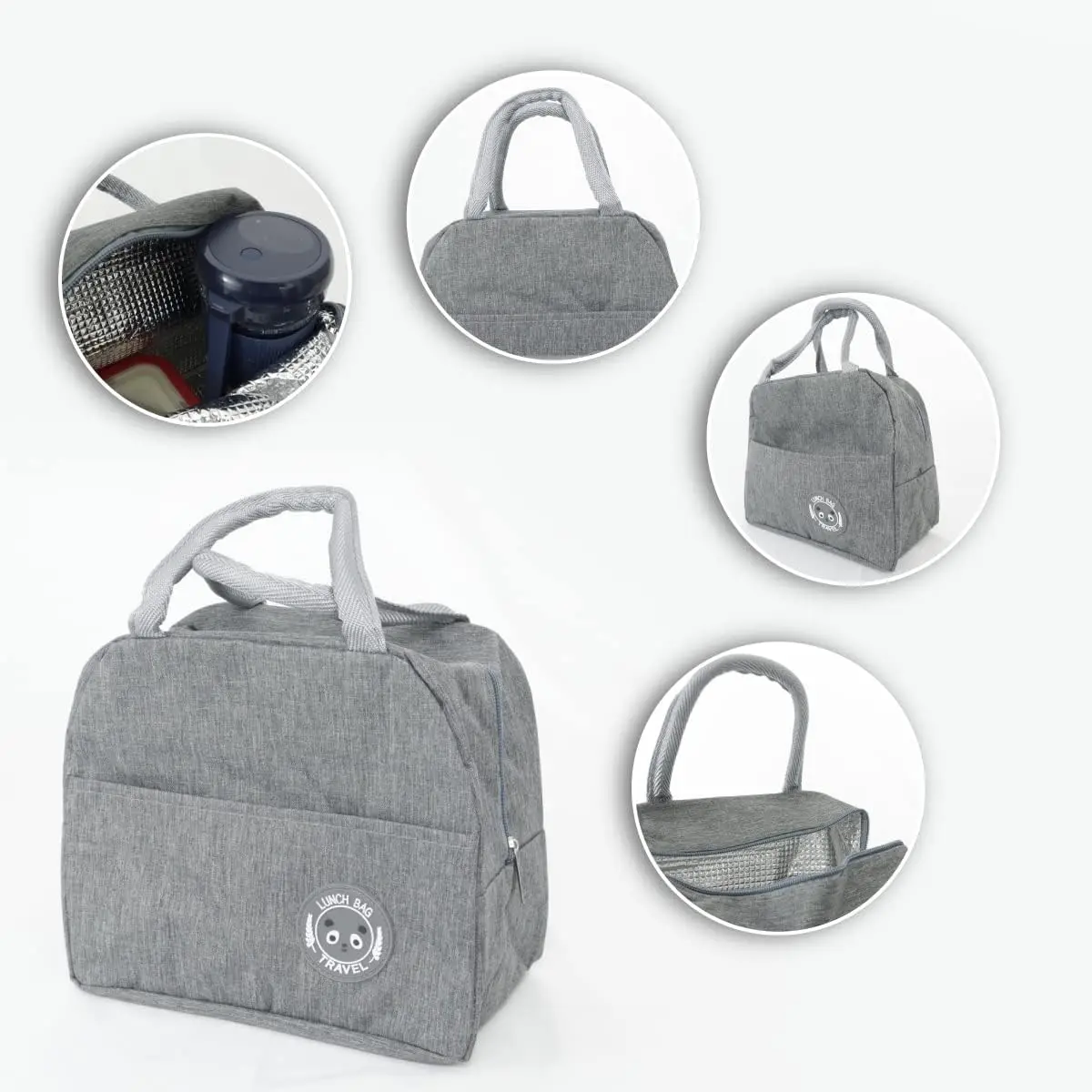 Maleta lonchera térmica gris con asas, bolsillo frontal y detalles de panda. Ideal para viajes.