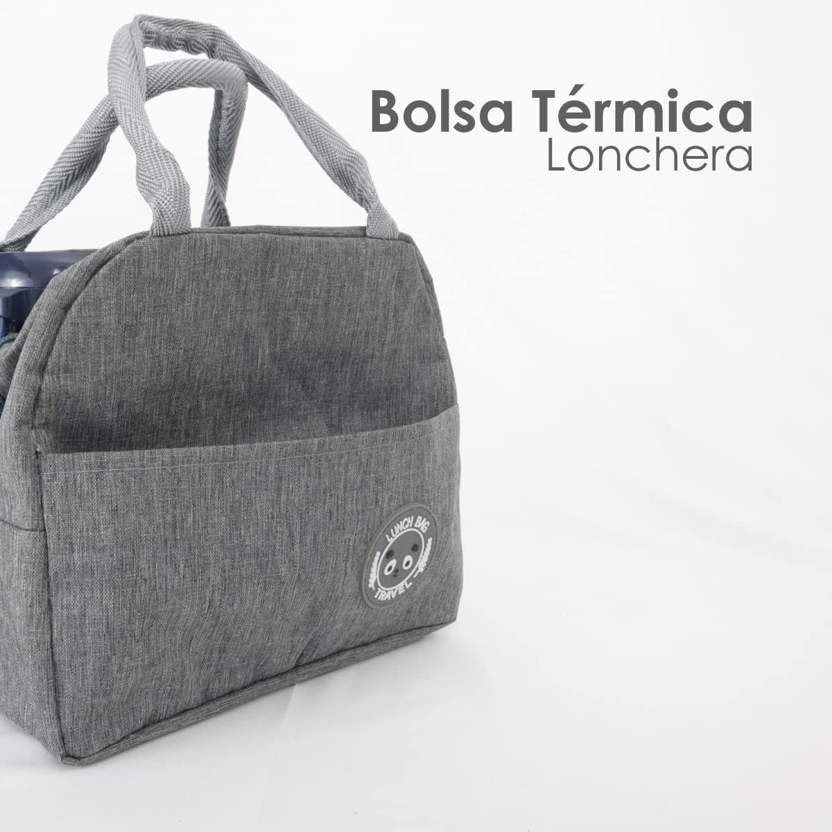 Lonchera térmica portátil gris con asas, bolsillo frontal y logo circular "Lunch Bag Travel".