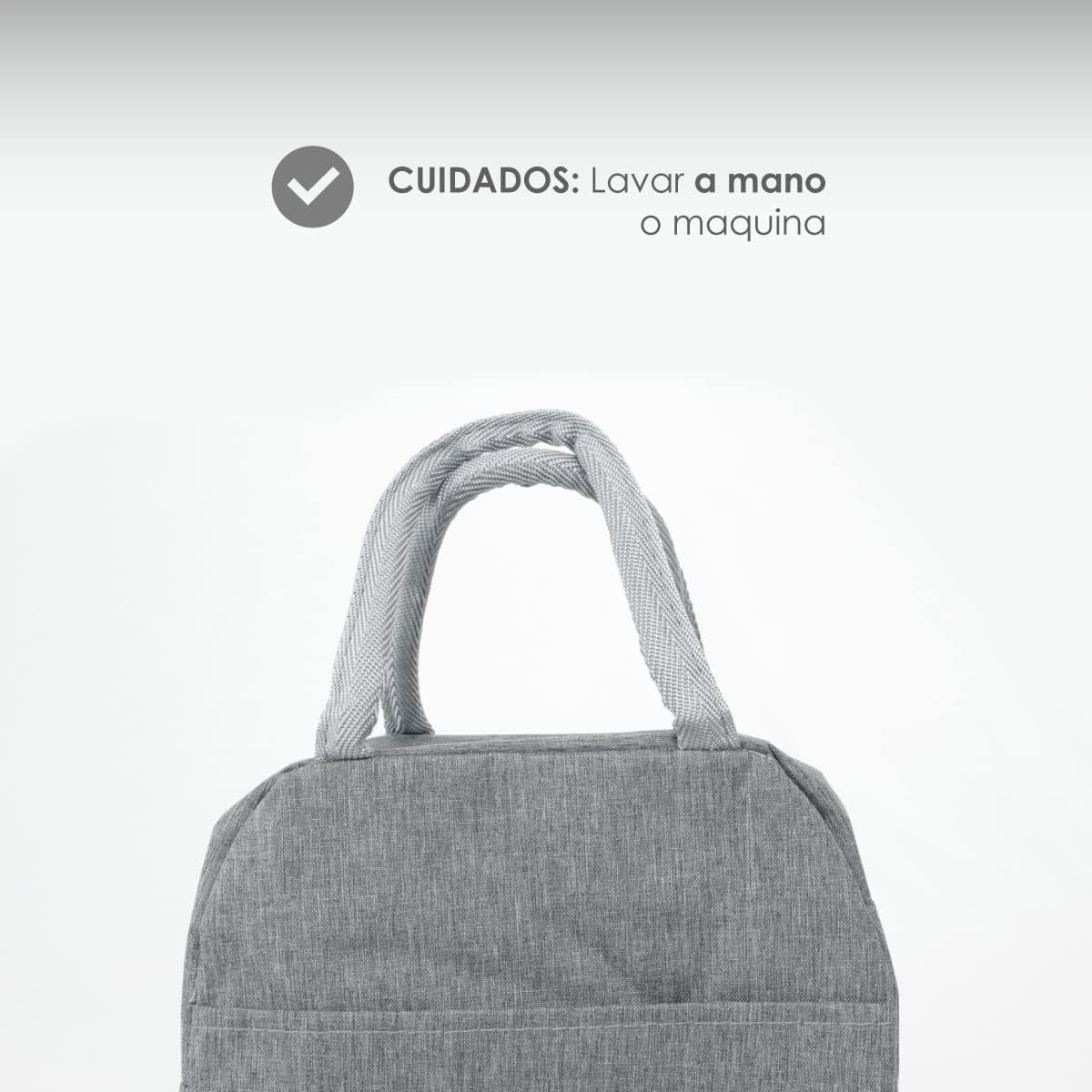Maleta lonchera térmica portátil gris con asas tejidas. Instrucciones de cuidado: lavar a mano o máquina.