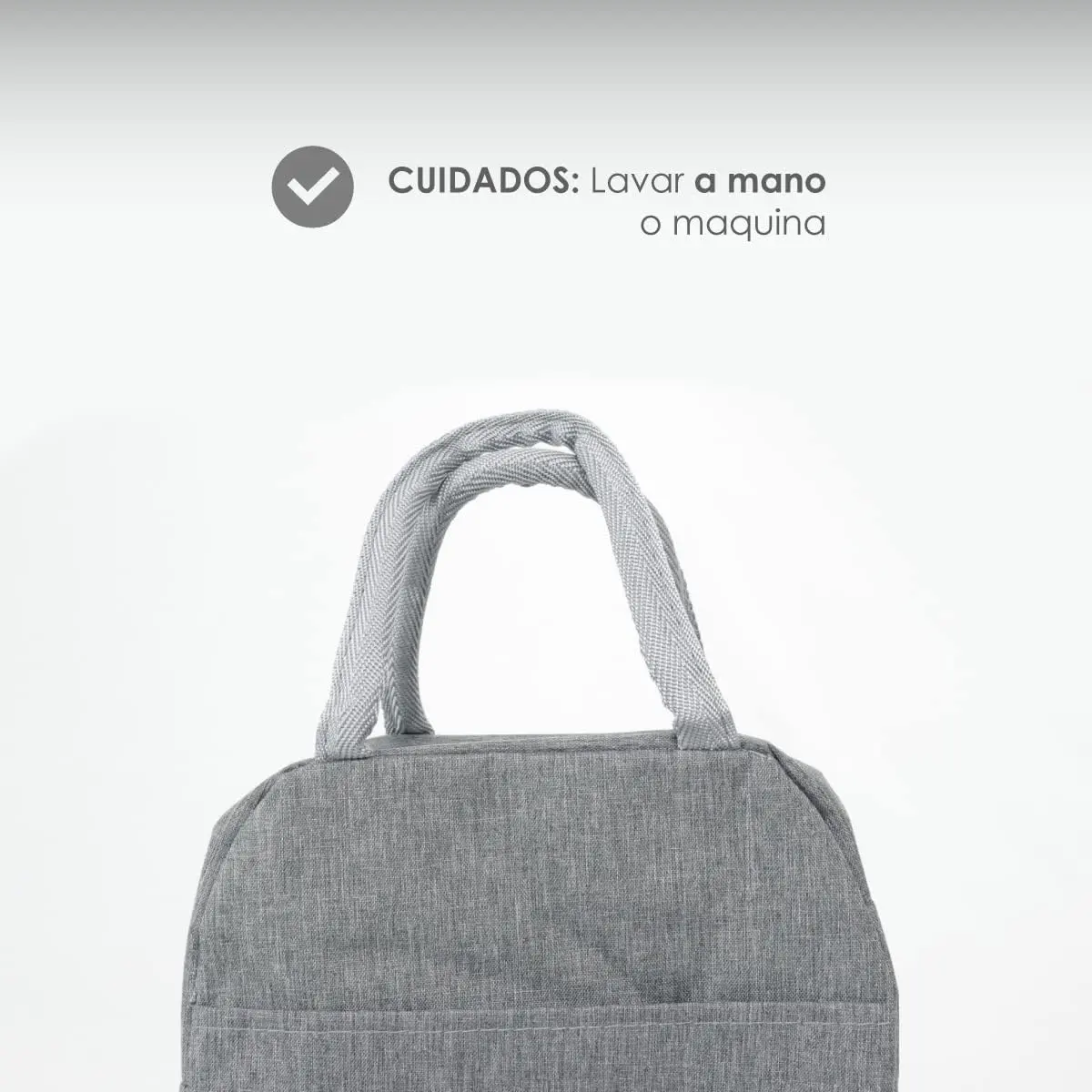 Maleta lonchera térmica portátil gris con asas tejidas. Instrucciones de cuidado: lavar a mano o máquina.